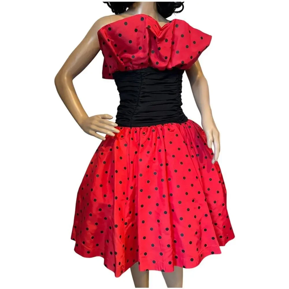 1980s Vintage Red Black Polka Dot Strapless Party Dress XS